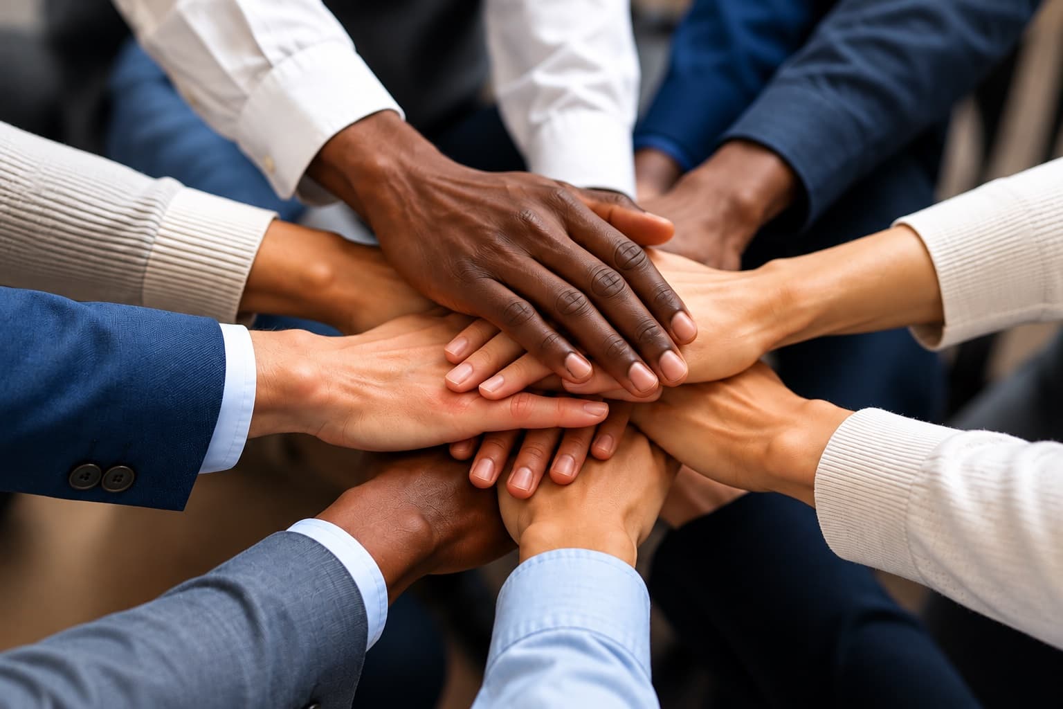Menschen legen als Symbol für Partnerschaft ihre Hände zusammen
